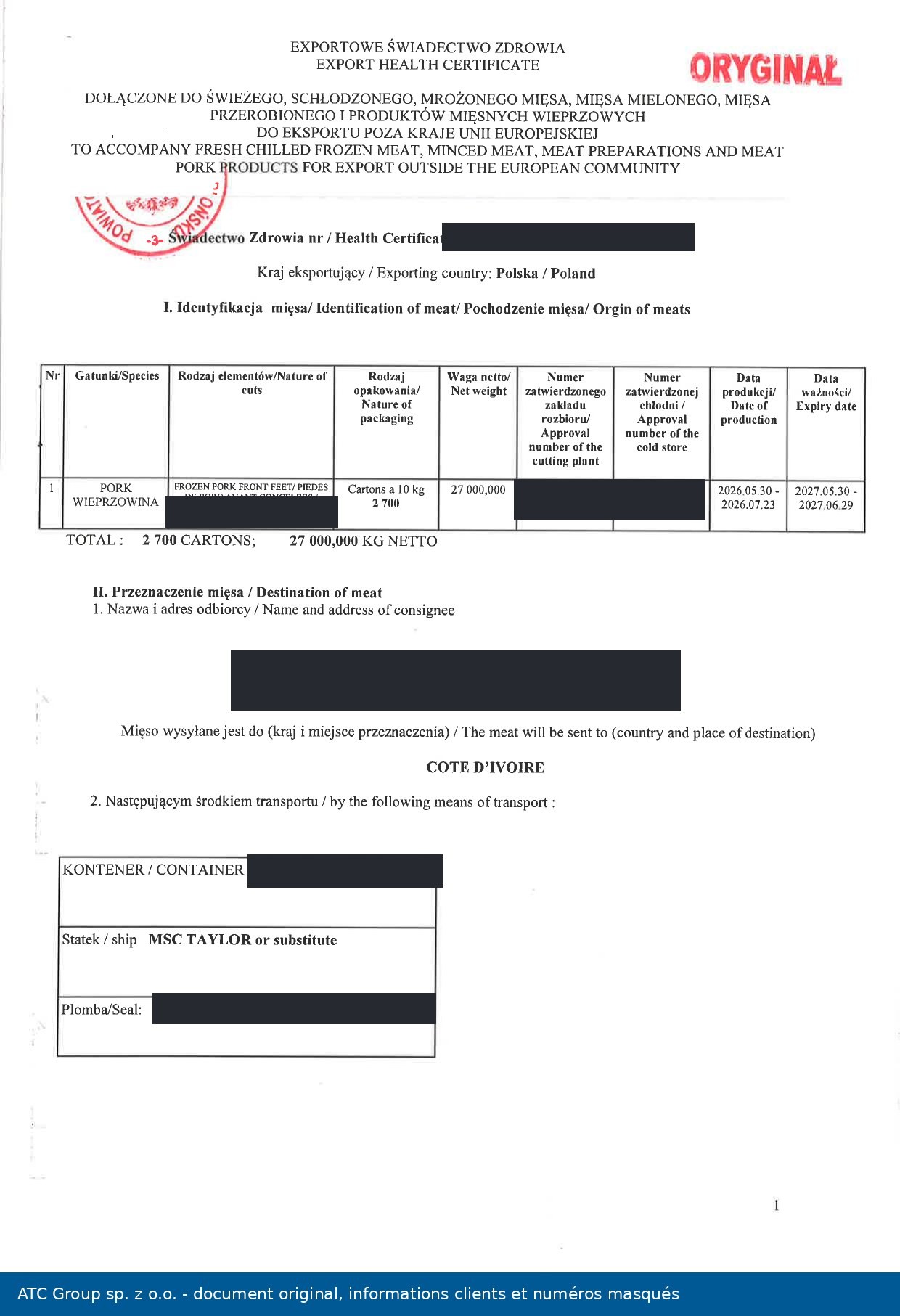 Official Polish veterinary health certificate, pork front feet, destination Côte d'Ivoire