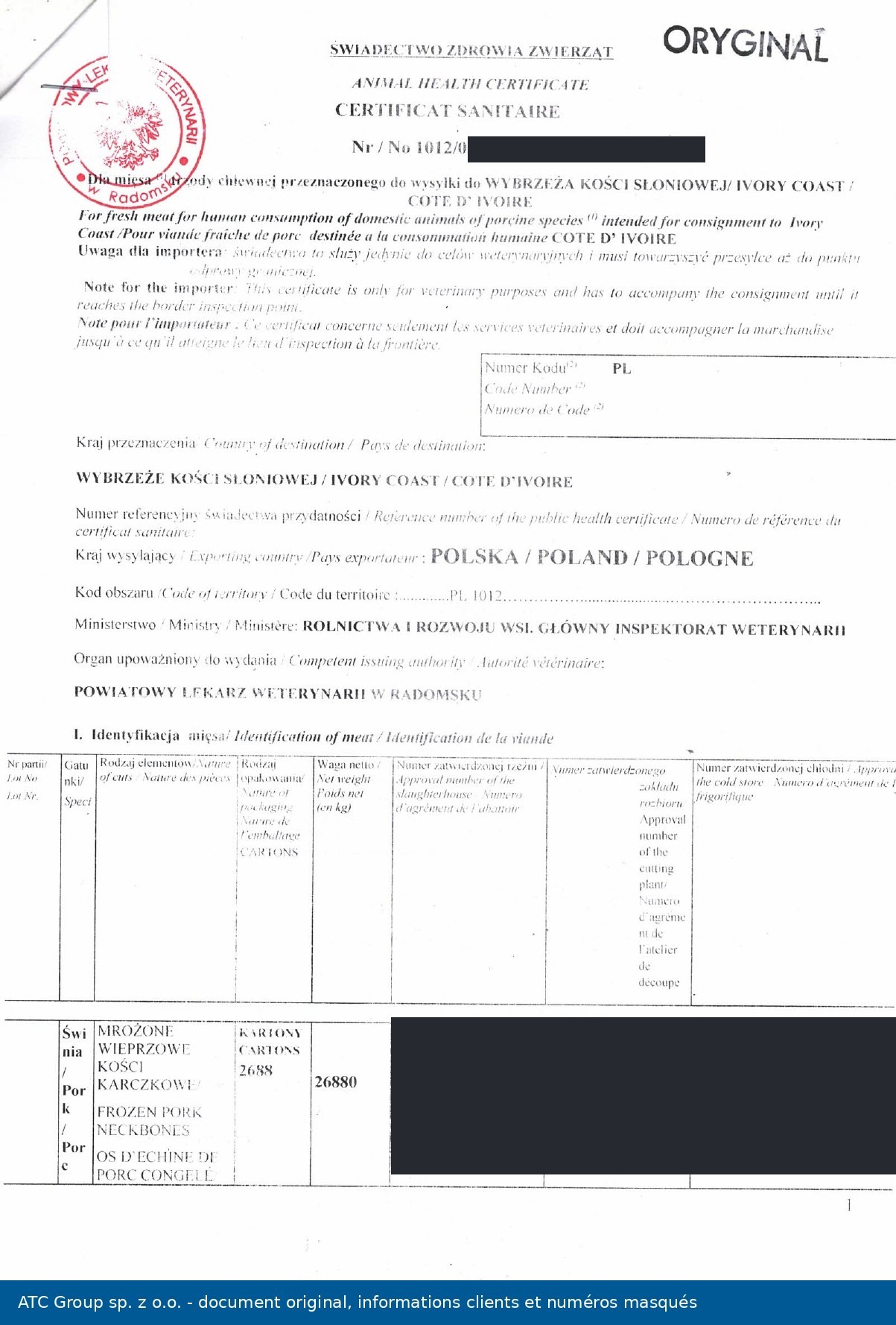 Official Polish veterinary health certificate, pork neck bones, destination Côte d'Ivoire