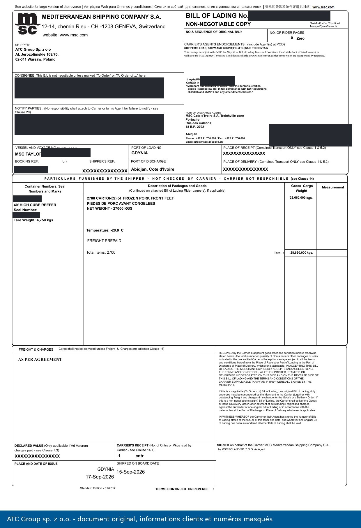 MSC bill of lading, frozen pork front feet, Gdynia to Abidjan, September 2026