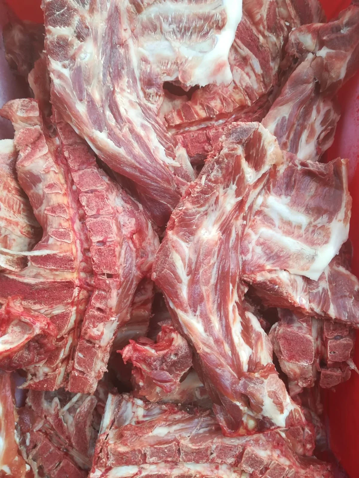 Frozen pork neck bones in an export carton
