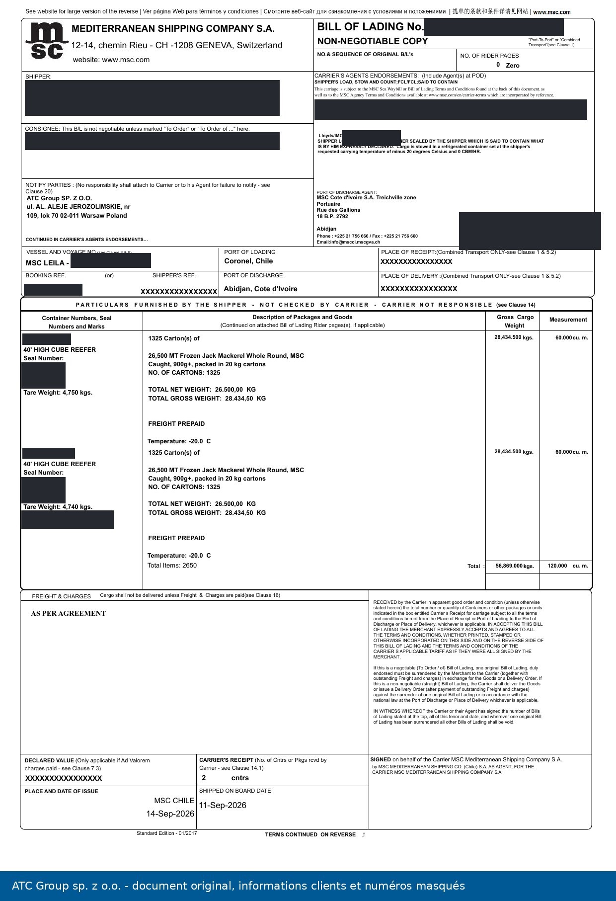 MSC bill of lading, frozen horse mackerel, Coronel (Chile) to Abidjan, September 2026; ATC Group as notify party